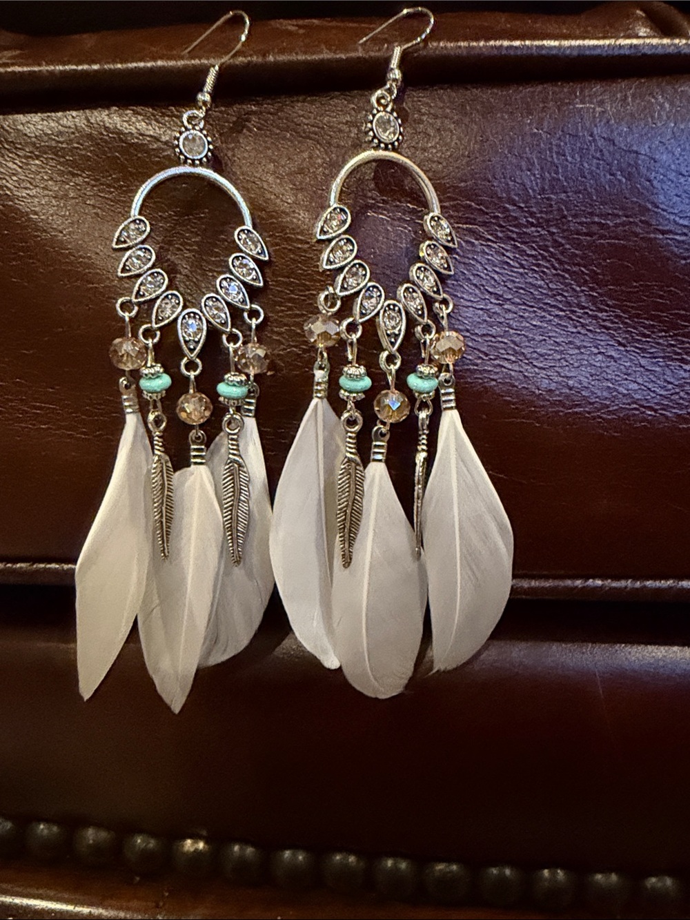 Fashion Jewelry Silver-Tone Feather Drop Earrings with Turquoise Beads